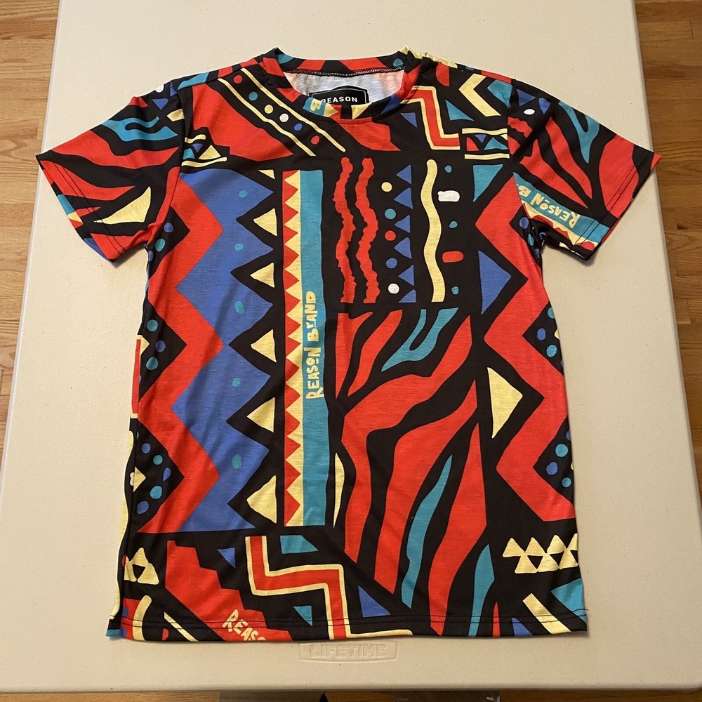 Reason Y2K 90s Style T-Shirt Small NYC Design Multicolor Poly Spandex Retro Tee